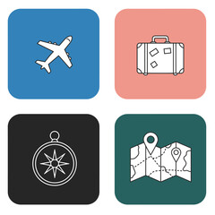 Travel Icons Set Airplane Suitcase Compass Map