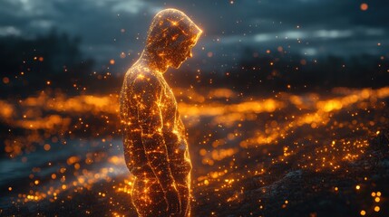 A figure surrounded by glowing particles, representing a blend of humanity and energy.
