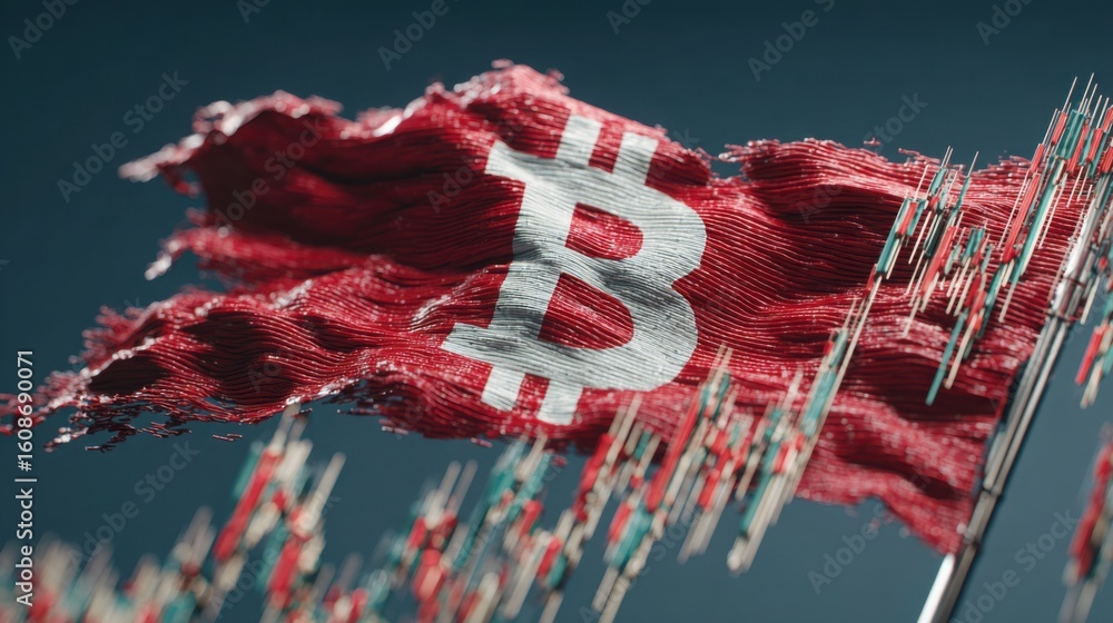 Poster eye-catching flag featuring bitcoin sign as a vanguard indicator on cryptocurrency chart highlightin