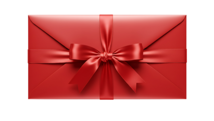 Red envelope with a decorative red ribbon and bow, isolated on transparent background