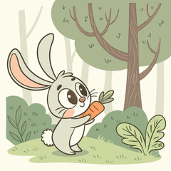 Cute cartoon rabbit holding a carrot in a happy spring illustration