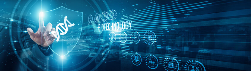 Biotech researcher protecting genomes biotechnology innovations, DNA sequencing bioengineering...