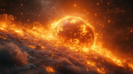 A fiery celestial scene depicting a sun-like star surrounded by swirling clouds.