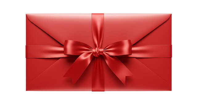 Red envelope with a decorative red ribbon and bow, isolated on transparent background