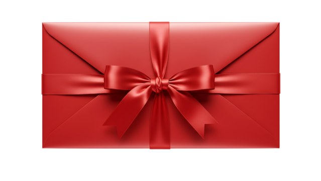 Red envelope with a decorative red ribbon and bow, isolated on transparent background