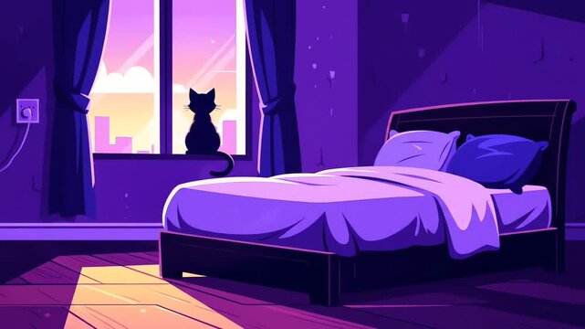 Cat silhouette on the window. Purple bedroom with sunrise view. Cartoon animation with simple shapes and vibrant colors. Relaxing interior background.