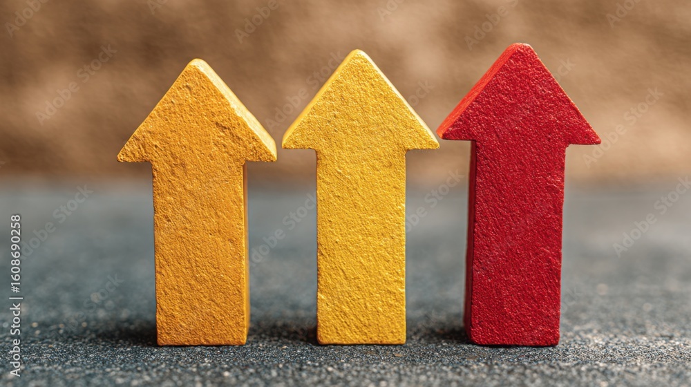 Aufkleber three red and yellow arrows pointing in different directions representing business growth alignment 