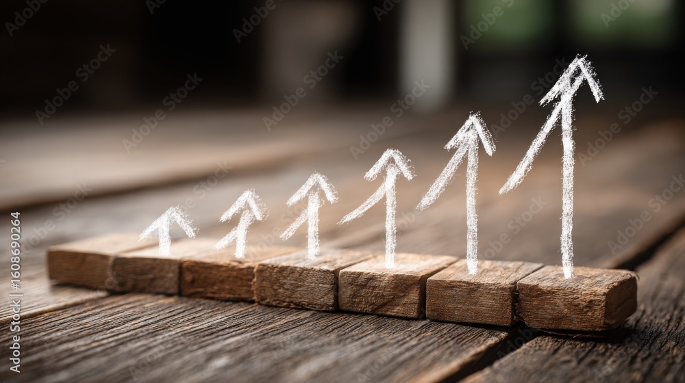 Poster wooden block with a line of white chalk representing business growth alignment concepts in a minimal