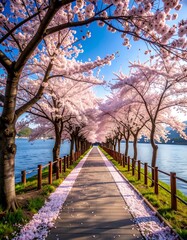 Cherry blossoms line a pathway by a lake