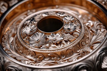 Ornate metallic design featuring floral patterns and a central opening.