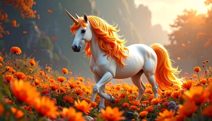Majestic unicorn in a field of orange flowers