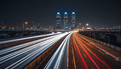 Fototapeta premium Night cityscape with light trails on highway leading to illuminated skyscrapers in the distance