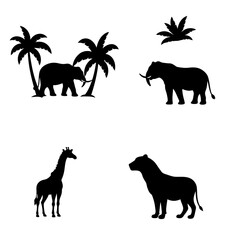 Silhouette of African Animals and Palm Trees