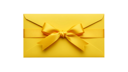 Yellow envelope with a decorative yellow ribbon and bow, isolated on transparent background for gift-giving, celebrations