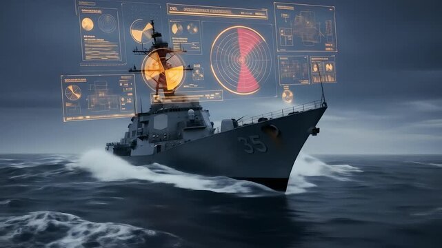 Navy destroyer advances, radar display overlays. Naval defense technology, maritime security. Future warfare, military strategy, simulation. AI systems, tech visualization uses.