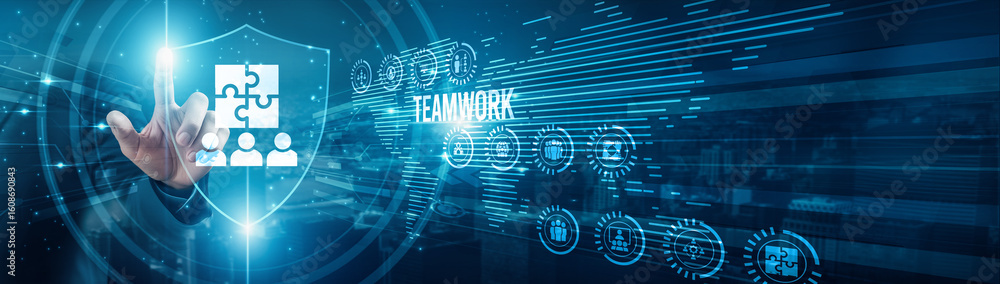 Poster team leader protecting collaboration teamwork efficiency, communication coordination synergy product