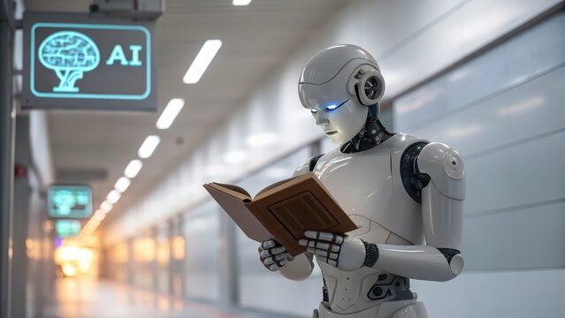 Ai robot reading a book future of technology artificial intelligence learning and development concept