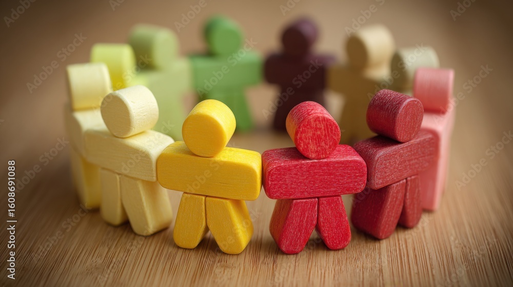 Aufkleber collaborative wooden figurines representing a cross-functional team working together in a sleek layo