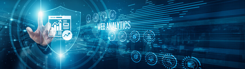 Web analyst protecting insights web analytics dashboards, traffic behavior metrics visualization, engagement conversions performance heatmaps SEO optimization reporting.