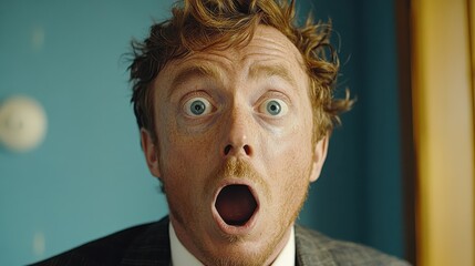 A surprised man with wide eyes and an open mouth, conveying shock or disbelief.