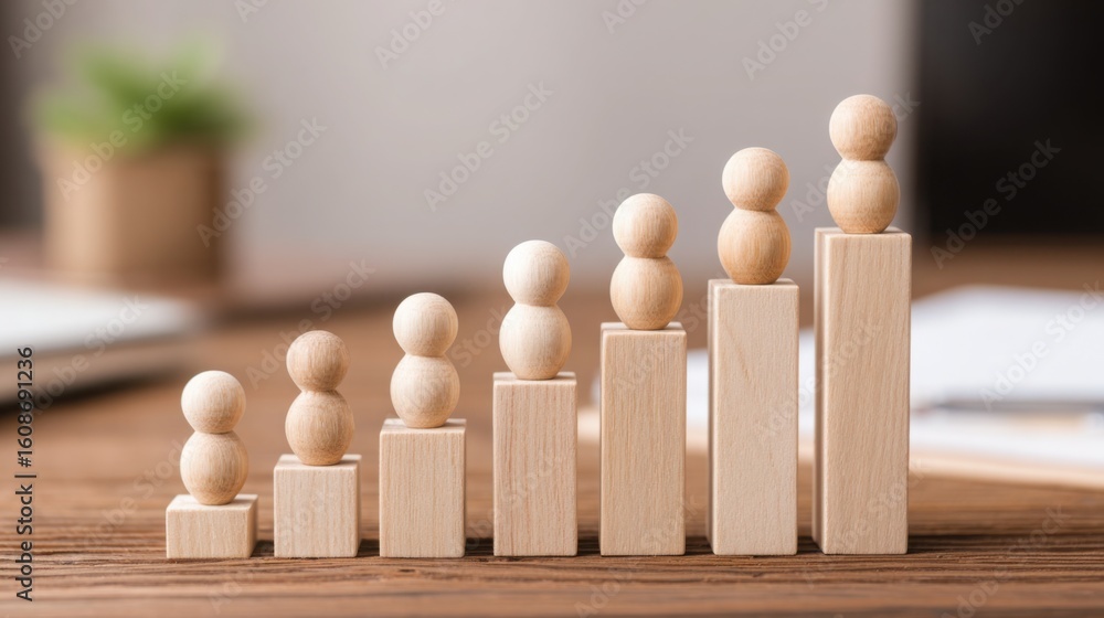 Poster minimalist wooden peg doll on table symbolizing growth and collaborative connections in a networked 