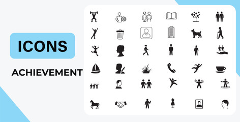 Diverse Icon Set Illustrating Achievement Motivation Success Teamwork and Personal Growth in Various Fields of Endeavor and Symbolic Representations