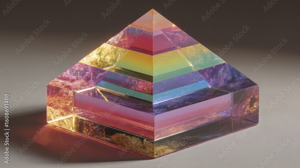Poster a glass pyramid reflecting light and color to illustrate growth unity and team input in a prism conc