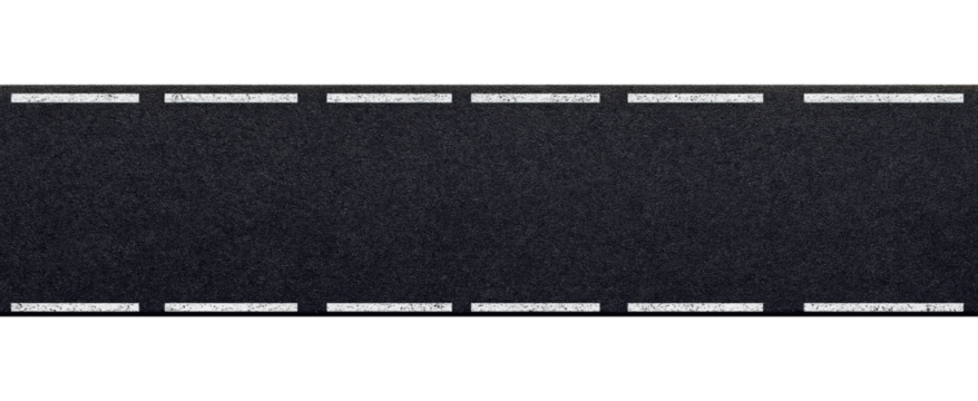 Straight asphalt road with white lines isolated on transparent background, top view
