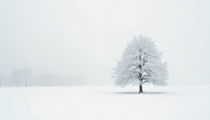 Fototapeta premium Minimalist Winter Landscape with Lone Snow-Covered Tree