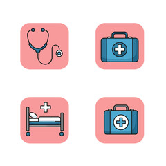 Obraz premium Healthcare Icons Set Featuring Stethoscope First Aid Kit and Hospital Bed