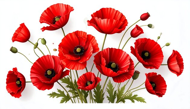 Vibrant red poppies in full bloom against a white background - Powered by Adobe