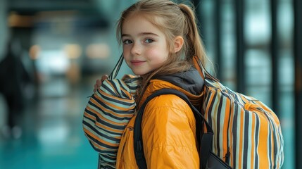 A young girl with a striped backpack smiles at the camera in an airport setting.