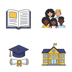 Diverse Students Open Book Graduation Cap and School Building Icons Set