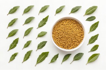 Dried Curry Leaves and Mustard Seeds Neatly Arranged on White Background