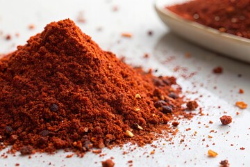 Close-Up of Red Chili Powder Spilled on White Surface