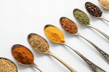 Diagonal Layout of Indian Spices in Measuring Spoons on White
