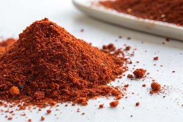 Close-Up of Red Chili Powder Spilled on White Surface