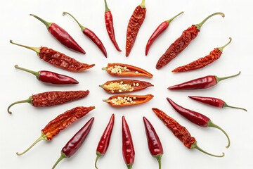 Circular Arrangement of Dried Red Chilies on White Background