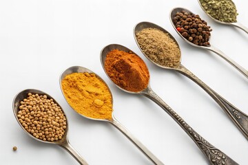 Diagonal Layout of Indian Spices in Measuring Spoons on White