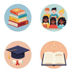 Education and Learning Icons Set Featuring Books Students Graduation and Knowledge