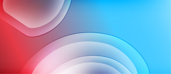 Abstract background features layered shapes, blending red, white, blue hues. Smooth gradients create modern visual effect.