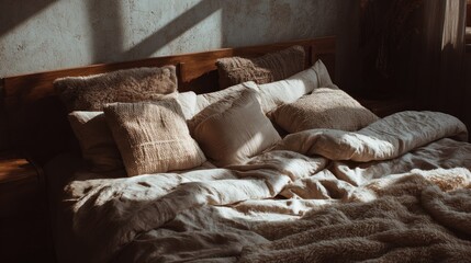 Sunlit Bedroom Serenity: A Cozy Haven of Neutral Tones and Textured Linens