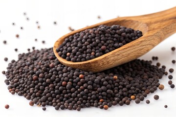 Black Mustard Seeds with Wooden Scoop on White