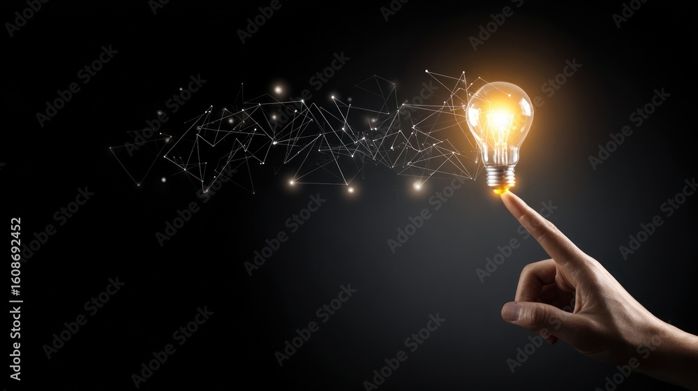 Poster a glowing lightbulb is illuminated from a finger with connecting lines on dark background
