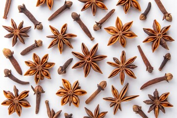 Macro Grid of Star Anise and Cloves on White Background