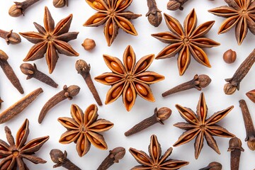 Macro Grid of Star Anise and Cloves on White Background