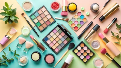 Photo of a vibrant flat lay of assorted makeup and cosmetic products, showcasing a colorful array of beauty essentials for creating stunning looks