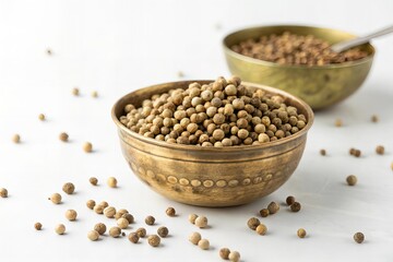 Coriander Seeds in Brass Bowl on Clean White Surface