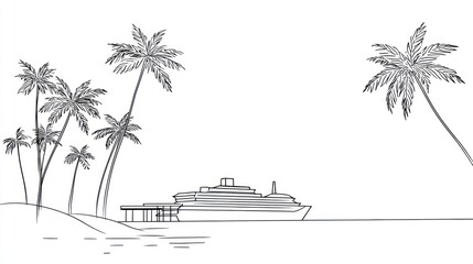 Line art depicts a cruise ship at a tropical island pier, flanked by tall palm trees under a clear sky