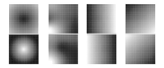 Set of halftone dots pattern texture isolated on white background. Dotted spots using halftone circle dot raster texture collection. Vector half tone collection.